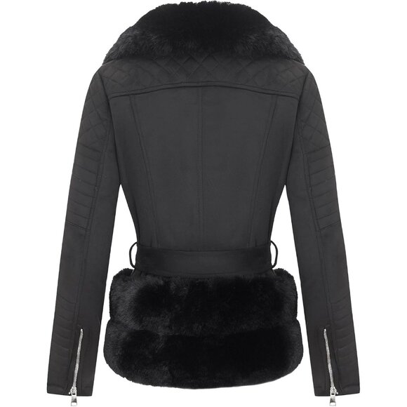 ⚡Women's Black Faux Leather Jacket Moto Biker Lined Coat Removable Fur Collar - Picture 2 of 5